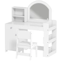 AIYAPLAY Set Toeletta Trucco per Bambini 2 in 1 con Specchio, Sedia, Luce LED, Armadietto, Scaffali e Libreria, Bianco(m-10)