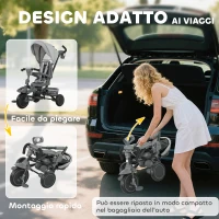 AIYAPLAY Triciclo per Bambini 6 in 1 con Maniglione di Spinta e Sedile Girevole, 111.5x52x98 cm, Grigio(m-8)