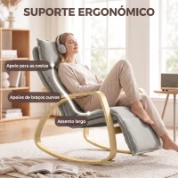 HOMCOM Cadeirão de Baloiço com Apoio para os Pés Ajustável 5 Posições Apoios de Braços em Madeira Acolchoamento Duplo Cinza Claro(m-6)