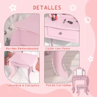 HOMCOM Tocador Infantil con Taburete y Espejo Ajustable Tocador para Niñas de 3-6 Años con Cajón Rosa(m-5)