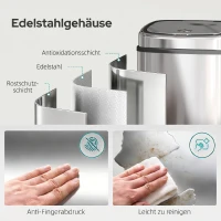 HOMCOM Sensor Mülleimer 68L Automatik Mülleimer mit Bewegungssensor, Wasserdichter Abfalleimer für Büro, Schlafzimmer, Küchen Edelstahl Silber(m-6)