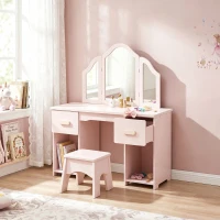 AIYAPLAY Coiffeuse pour Enfants avec Tabouret et Miroir à Trois Volets en Acrylique, 2 Tiroirs et 2 Placards, Rose(m-2)