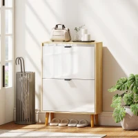 HOMCOM Zapatero Estrecho con 2 Puertas en Blanco Brillo Estantes Ajustables Patas de Madera para 12 Pares de Zapatos(m-10)
