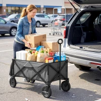 Outsunny Bollerwagen, klappbar, 5 Seitentaschen, einziehbare Griff, bis 120 kg, Stahl, dunkelgrau, 100 x 55 x 93 cm(m-9)