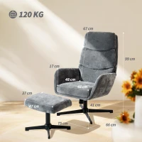 HOMCOM Gepolsterde fauteuil met voetenhocker, loungefauteuil met hoge rugleuning, metalen basis, voor woonkamer, slaapkamer, grijs(m-3)
