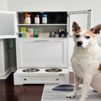 PawHut Dog Feeding Station with 2 Storage Cabinets, 2 Elevated Bowls, Side Hooks, Anti-tip Kit for Water and Feeding Supplies(m-12)