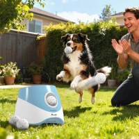 PawHut Automatic Dog Ball Launcher with 5 ETPU Balls 5.8 cm, 3 Distance Settings 6/10/14 m, Blue(m-2)