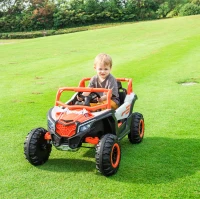 12V Veicolo elettrico per bambini, 2 posti, ammortizzazione anteriore/posteriore e funzione a dondolo, 111x70x63 cm, bianco+arancione chiaro(m-5)
