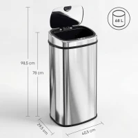 HOMCOM Sensor Mülleimer 68L Automatik Mülleimer mit Bewegungssensor, Wasserdichter Abfalleimer für Büro, Schlafzimmer, Küchen Edelstahl Silber(m-3)