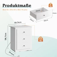 Comodino con 3 cassetti, stazione di ricarica integrata, design rustico moderno, 46,5x39,6x58,7 cm, Bianco(m-6)