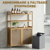 HOMCOM Doppel-Wäscheschrank mit Kippfunktion, freistehender Bambus-Schrank, 2 herausnehmbare Körbe, 3 Ablagefächer, Eiche(m-5)