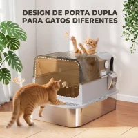 PawHut Caixa de Areia para Gatos em Aço Inoxidável para Gatos Grandes com Tampa Basculante Laterais Altas 70x50x46,5 cm Cinzento(m-7)