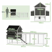 PawHut Hühnerstall aus Holz mit Auslauf Nistkasten Asphaltdach herausziehbar Tablett für 4-6 Hühner 347x160x150 cm Dunkelgrau(m-3)
