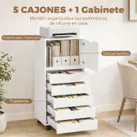 HOMCOM Cajonera de Oficina con 5 Cajones Ruedas y Armario con Cierre Suave Soporte para Impresora Blanco(m-4)