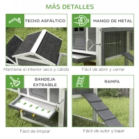 PawHut Gallinero de Madera Grande para 3-6 Gallinas con Techo Asfáltico Nido y Bandeja Extraíble 297,5x68x118 cm Blanco y Gris(m-7)