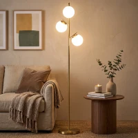 HOMCOM 3-Light Tree Floor Lamps for Living Room, Modern Standing Lamp for Bedroom with Globe Lampshade, Steel Base, Bulb not Included, Gold Tone(m-8)