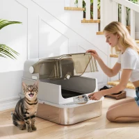 PawHut Caixa de Areia para Gatos em Aço Inoxidável para Gatos Grandes com Tampa Basculante Laterais Altas 70x50x46,5 cm Cinzento(m-2)