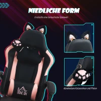 HOMCOM Gamingfauteuil met kattenoortjes, kantelbare rugleuning, uitschuifbare voetsteun, tot 120 kg, Roze/Zwart(m-4)