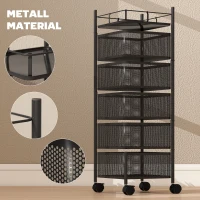 HOMCOM keukenwagen, 5 draaibare manden, 4 zwenkwielen, metalen frame, zwart(m-7)