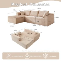 Canapé d'angle modulable en L avec chaise longue, design minimaliste et gain de place, assise profonde, 279x179x83 cm, Beige(m-3)