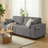 HOMCOM 218 cm 3-Sitzer Sofa, modernes Cord-Sofa mit Taschenfeder-Polsterung, breiten Armlehnen und 2 Kissen, hellgrau(m-10)