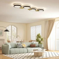 HOMCOM Plafondlamp LED 38W 1500LM 3000K-6500K plafondlamp woonkamerlamp met 4 lampen afstandsbediening Zwart+Goud(m-2)
