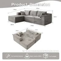 Divano angolare a L modulare con chaise longue, salvaspazio, design minimalista, seduta profonda, 279x179x83 cm, Grigio(m-3)