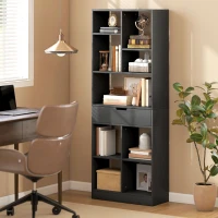 HOMCOM Estantería para Libros con 1 Cajón y 9 Compartimentos Mueble Librería para Salón Oficina Estudio 60x26x158cm Negro(m-2)