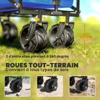 Outsunny Chariot de Transport Pliable Tout Terrain 180 L, Poignée Télescopique Pousser-Tirer 2 en 1, Auvent Amovible, Bleu(m-6)