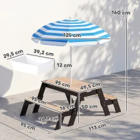 AIYAPLAY Table de pique-nique enfants avec parasol, 3 en 1 salon de jardin en bois pour enfants 3-6 ans avec 2 boîtes, naturel(m-3)