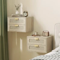 HOMCOM Conjunto de 2 Mesinhas de Cabeceira Suspensas com 2 Gavetas e Frente em Rotim Natural para Quarto 40x30x27,6 cm Carvalho(m-2)