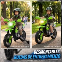 HOMCOM Moto Eléctrica para Niños con Ruedas de Apoyo Desmontables Faros y Música para Niños 3-6 Años Verde(m-6)