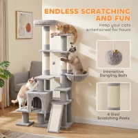 PawHut Arbre à Chat 5 niveaux 152cm, Niche, Hamac, Plateforme, Poteaux à Griffer, Balles Suspendues, Gris Clair(m-9)