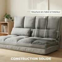 HOMCOM Chauffeuse 2 places canapé-lit convertible fauteuil de sol pliable dossier réglable 2 coussins inclus en polyester aspect suédé, pour salon, chambre et bureau, gris(m-7)