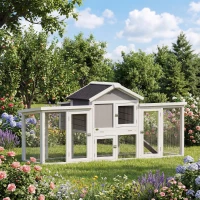 PawHut Poulailler clapier modèle chalet multi-équipé : rampes, nichoirs, plateau, en bois massif 204 x 85 x 93 cm gris(m-2)