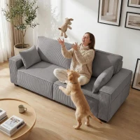 HOMCOM 218 cm brede 3-zitsbank, moderne corduroy-bank met pocketveren, brede armleuningen en 2 kussens, lichtgrijs(m-9)