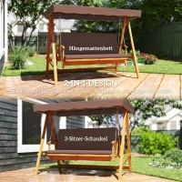 Outsunny Hollywoodschaukel mit Sonnendach, Echtholz-Gartenschaukel, Schaukelbank mit Liege-Funktion, für 3 Personen, Braun(m-4)