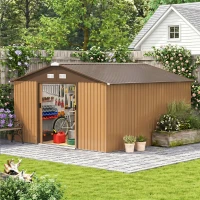 Outsunny Caseta de Jardim Exterior, 12,4 m² 340x386x200 cm Abrigo de Jardim Metálico com Portas Duplas com Fechadura, Kit de Fundação e Ventilação para Armazenamento de Bicicletas, Cor Ocre Escuro(m-8)