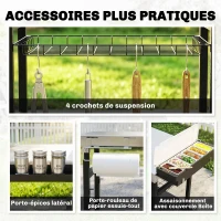 Outsunny Desserte Jardin à 3 Niveaux, Plan de Travail Inox, Roues, Crochets, Panier Amovible, Poignée Latérale, 114x61x81cm, Noir(m-6)