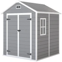 Outsunny Abrigo de Jardim em Resina 182x151x219 cm com Piso Janela Ventilação Portas Duplas Cinzento(m-1)