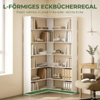 HOMCOM Bücherregal mit 7 Ebenen, L-förmiges Eckrega mit rutschfestem Rückenschutz, Weiß mit Holzoptik(m-4)