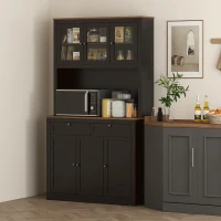 HOMCOM Alacena de Cocina con 3 Puertas de Vidrio Compartimento Abierto 2 Cajones y Estantes Ajustables 100x40x180 cm Negro(m-2)