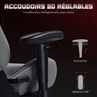 HOMCOM Chaise gaming ergonomique, fauteuil gamer avec accoudoirs 3D, dossier inclinable, hauteur réglable, 72x76x132cm, gris(m-6)