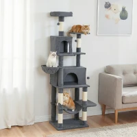 PawHut Arbore pentru pisici cu sisal, 202 cm înălțime, cu 6 stâlpi din sisal, 2 căsuțe, 2 hamace și un pat, gri(m-10)
