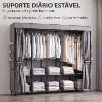 HOMCOM Roupeiro de Tecido com 5 Varões 5 Prateleiras 6 Bolsos Laterais Fecho de Correr Estrutura em Aço 212x45x167 cm Cinza(m-6)