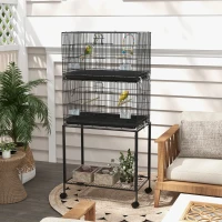 PawHut Cușcă pentru Păsări din Oțel și PP, Design Suprapus cu Stinghii, Leagăne și Scărițe, 77x46x164 cm, Negru(m-10)