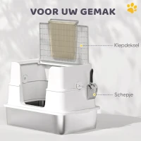 PawHut Kattenbak, RVS, XL-binnenruimte, met schep, Lichtgrijs(m-8)