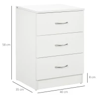 HOMCOM Nachttisch mit 3 Schubladen, Aluminiumgriffe, Kipp-Schutz-Design, 40x35x58 cm, Weiß(m-3)