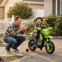 HOMCOM Moto Eléctrica para Niños con Ruedas de Apoyo Desmontables Faros y Música para Niños 3-6 Años Verde(m-9)