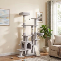 PawHut Arbre à Chat 5 niveaux 152cm, Niche, Hamac, Plateforme, Poteaux à Griffer, Balles Suspendues, Gris Clair(m-2)